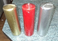 6x pillar candles candles 2x silver 2x red, 2x gold