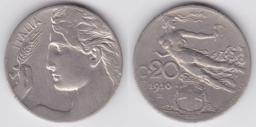 Italy 1910 High Grade 20 Centesimi Coin km44 "The Flying Nude"