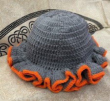 Crochet Ruffle: Handmade Bucket Hat, Ruffle Beanie, Gray, Adjustable