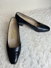 Salvatore Ferragamo Faux Croc Gator Embossed Black Leather Pumps Sz 8 C Vintage