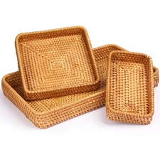 Rattan Tray Set of 3, Rectangular Woven Wicker Tray, Natural Wicker Rattan Se...