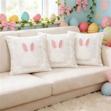3 Pack Easter Pillow Covers 18x18 Inch White Bunny Pillow Case for Easter Day