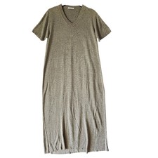 Joan Vass USA Womens V-Neck Knit Maxi Dress Short Sleeve Beige Speckled USA Made