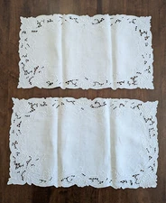 SET/2 VTG "WHITE on WHITE" sm rect 100% LINEN DOILIES w/Hand Emb & Cut-outs USED