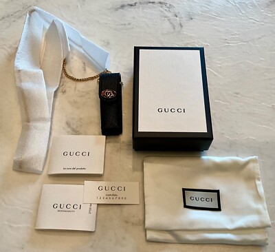 Auth NIB GUCCI Black Leather Lipstick Case Holder With Chain Necklace Italy