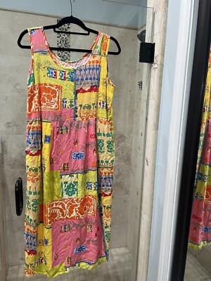 Jams World Yellow Vintage  Print Rainbow Batik Honey Rayon  Midi Dress Large