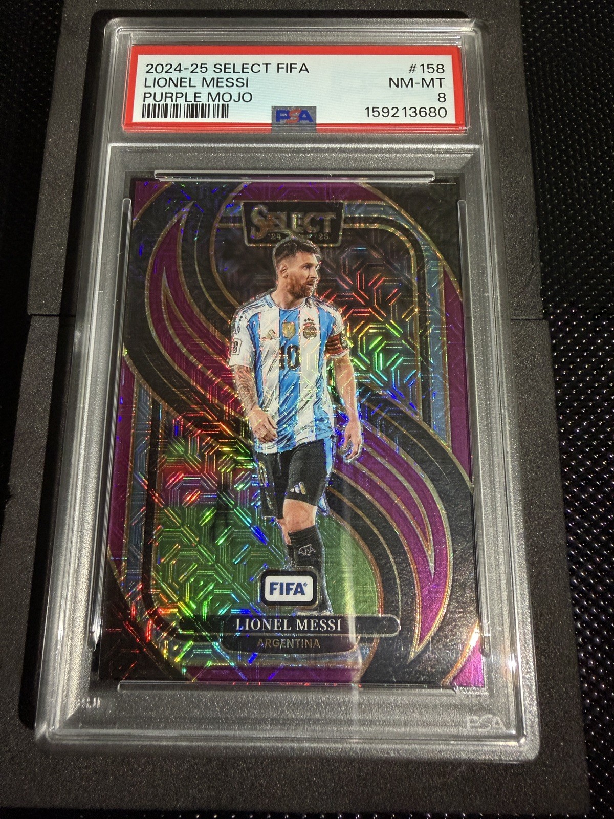 Panini 2024-25 Select FIFA - Mezzanine LIONEL MESSI #158 Purple Mojo Prizm PSA 8