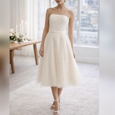 Galina David's Bridal Ivory Alencon Lace Tea Length Strapless Wedding Dress Sz 8