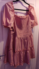 Women’s Pink Mini Dress Size 22 Uk Square Neck Puff Sleeve Smocked Ruffle