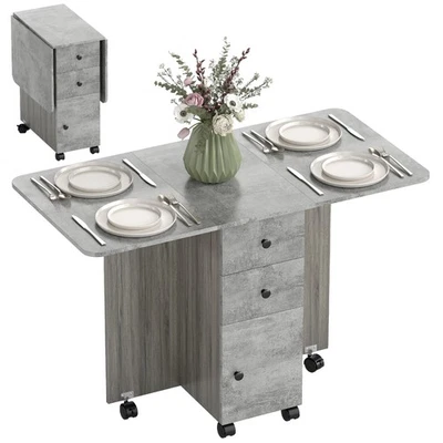 HOMCOM Mesa de Comedor Plegable, Mesa de Hojas Caídas con Cajones de Almacenamiento Gris Mármol