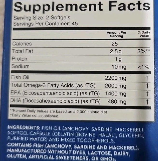 Lote X2 - Aceite de pescado Omega-3, triple fuerza, 2.500 mg, 180 cápsulas blandas 1.250 mg paquete de 2 Foto 2 de 2