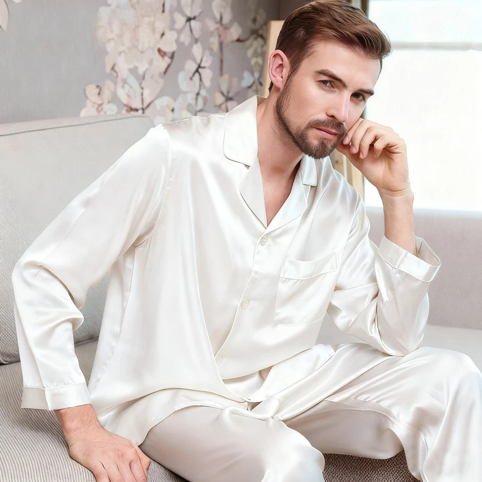 Conjunto de pijama de seda 100 % seda peso pesado 30 mm para hombre talla L marfil