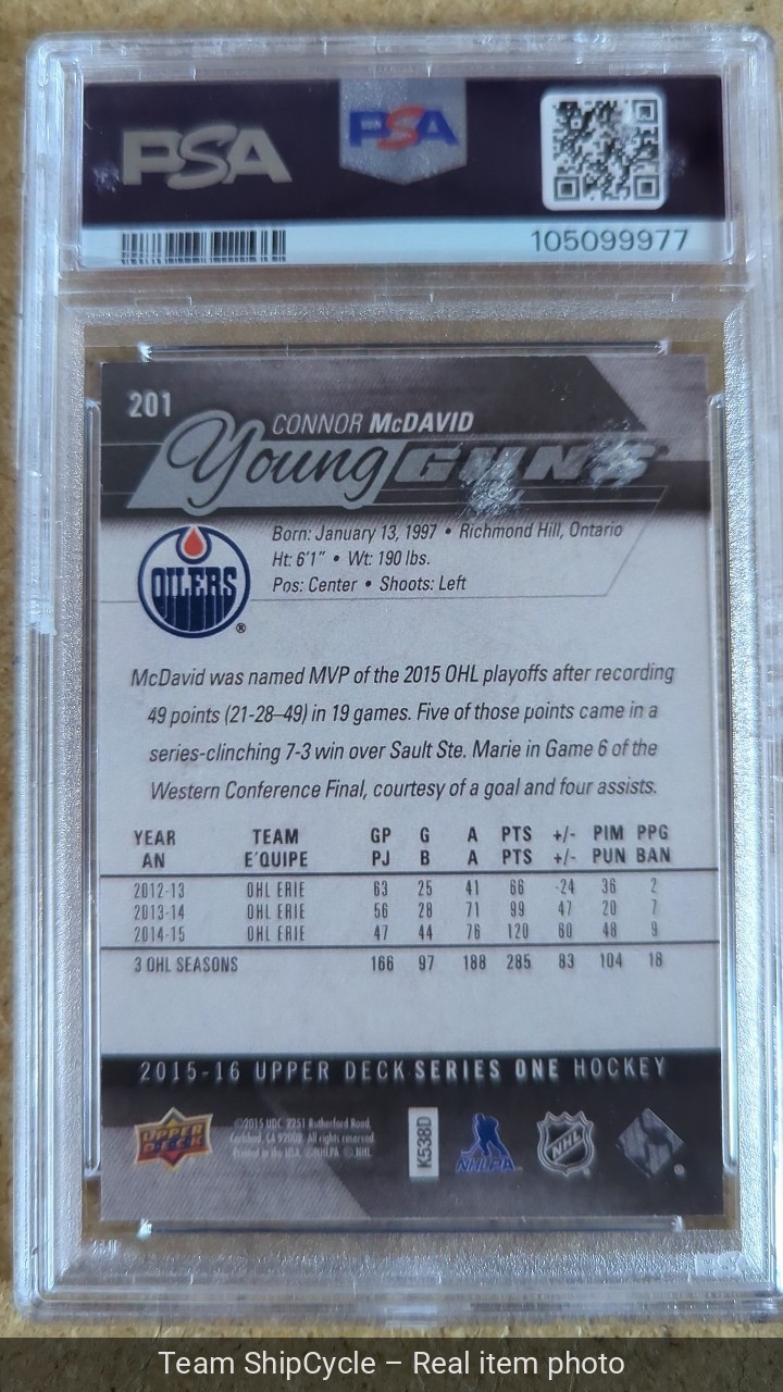 DEFECTIVE 201516 Upper DeckConnor McDavid 201 Young Guns Rookie PSA 9 Mi G3D view 4