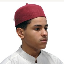 Maroon Felt Wool Fez Muslim Kufi Prayer Cap - Men Soft Head Cover with Tip