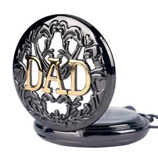 Hand-Wind DAD Skeleton Pocket Watch Black Engraved Case Gift for Dad with Chain