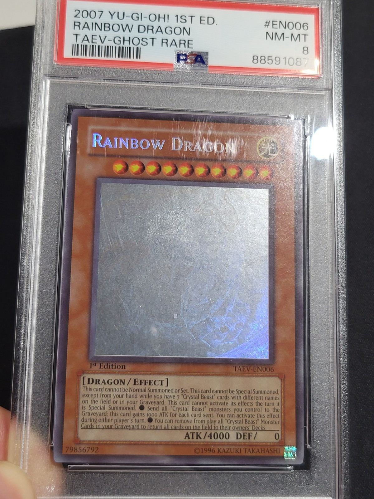 Yugioh 2007 Rainbow Dragon TAEV-EN006 1st Edition Ghost Rare PSA 8 (Clean Foil) view 6