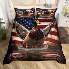 Hunting Wild Duck Duvet Cover Queen Size,Vintage Flag Bedding Set 3Pcs,Nature...
