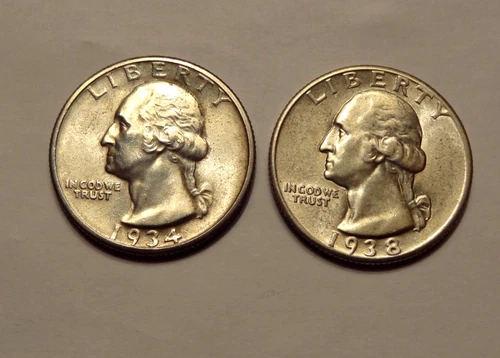 1934 AND 1938 WASHINGTON QUARTERS.  AU CONDITION