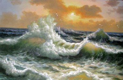 Excellent art Oil painting seascape Huge waves with flying seabirds canvas 36''
