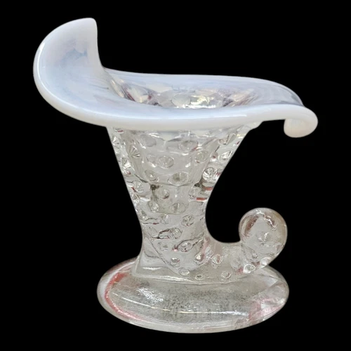 FENTON Glass Mini Moonstone Hobnail Cornucopia Decor Holder Elf Shoe 3.5"