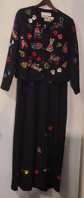 Vtg Michael Simon Lite Cat Lady Matching Set Long Dress & Cardigan M Embroidered