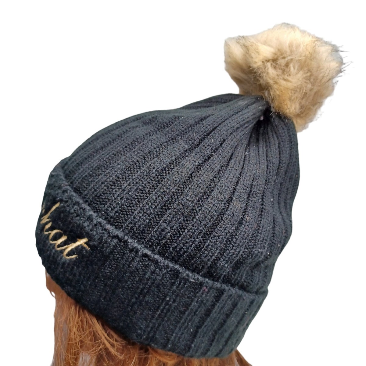 Brand New Baby Phat Black Knit Faux Fur Pom Hat Gold Metallic Embroidery Cuffed Baby Phat beanie knit hat with pom pom Black with gold  main image 2