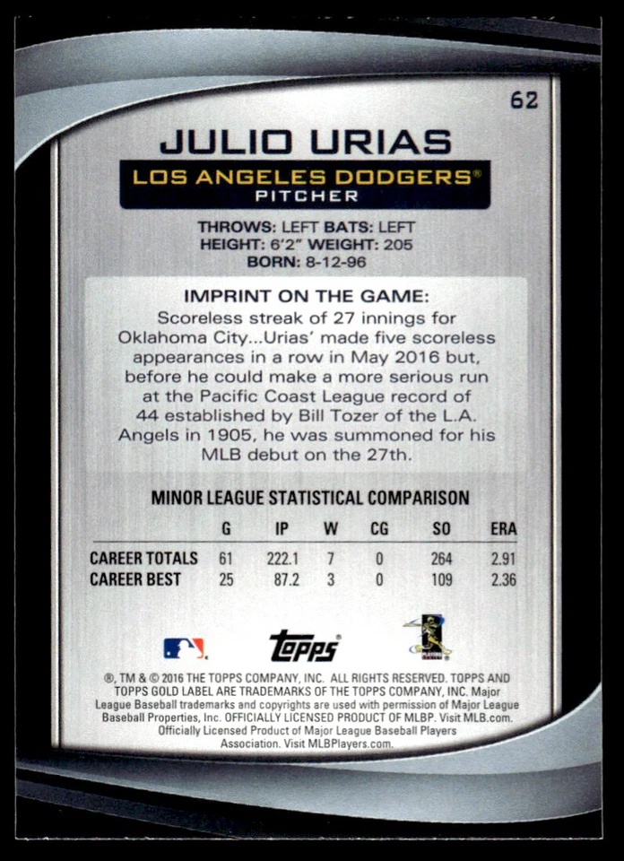 2016 TOPPS GOLD LABEL ROOKIE JULIO URIAS R62 - Image 2 of 2