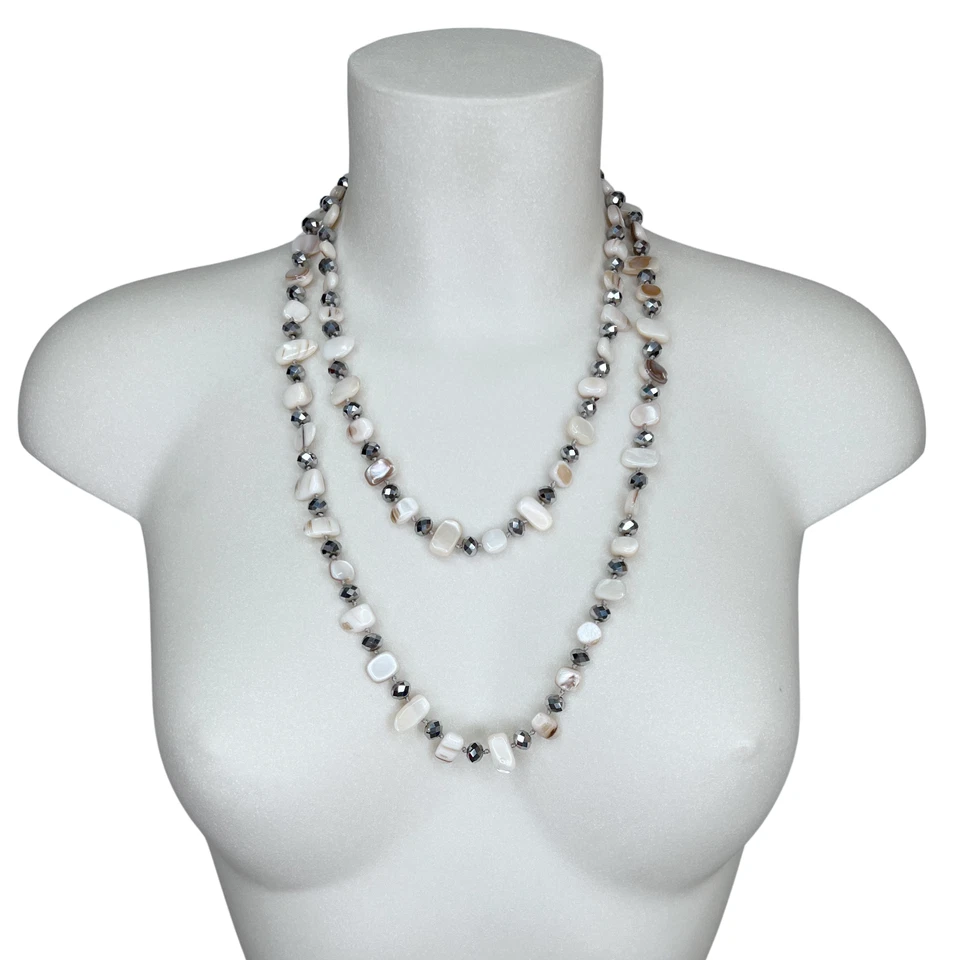 Bianco Arg Collana Madreperla Cristallo, Pietre Dure Filo Lungo Donna 110cm M/26 - Immagine 2 di 2