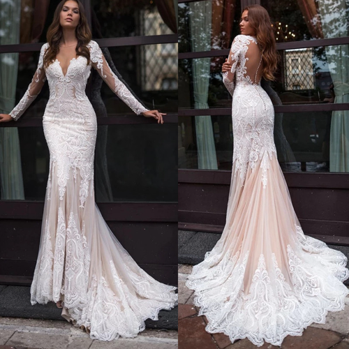 Mermaid Long Sleeve Lace Wedding Dresses 2023 O-Neck Tulle Bridal