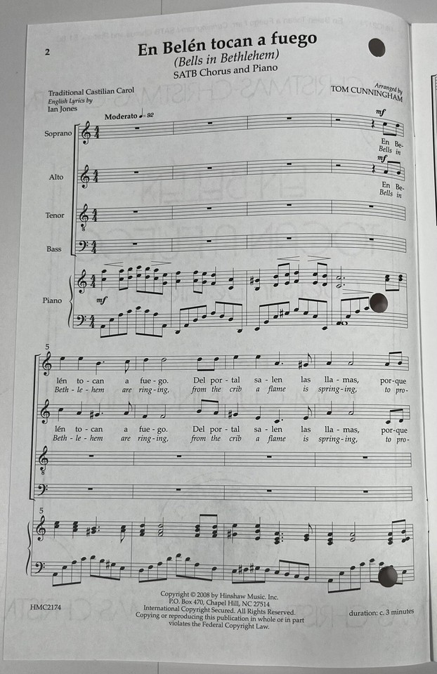 Bells in Bethlehem Tom Cunningham SATB Chorus Piano Sheet Music Hinshaw