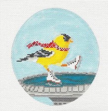 Goldfinch Ice Skating on a Bird Bath handpainted Needlepoint Canvas Scott Church