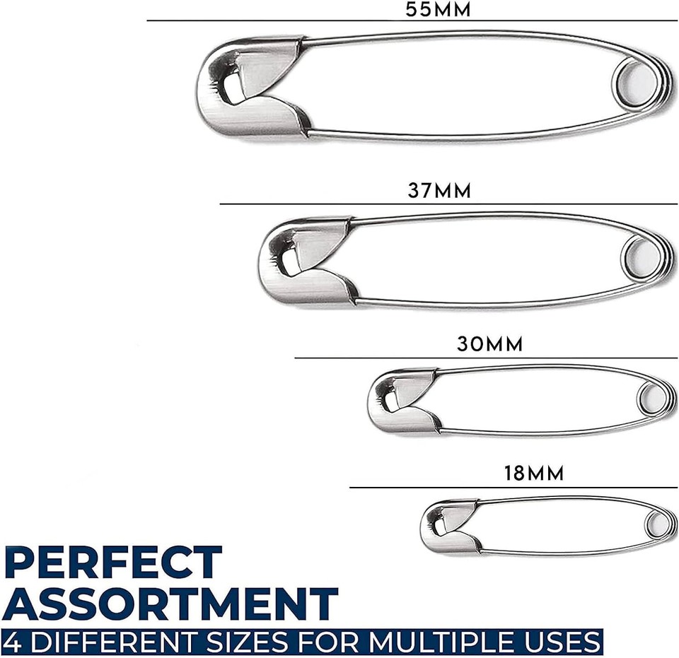 100 Safety Pins, Assorted Sizes, Rust Resistant Nickel Plated Steel Pin