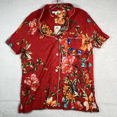 NWT Johnny Was Red Kubrik Floral Cotton Blend Buttoned Top, Size S