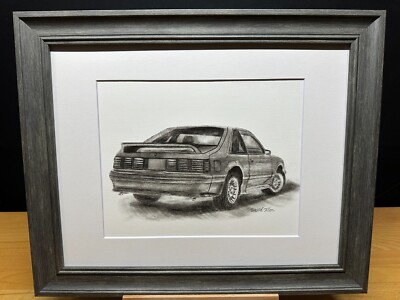 Drawing of a 1987 Ford Mustang GT Car Graphite Pencil Art Sketch Picture Print