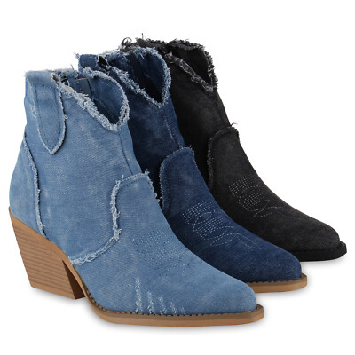 Damen Cowboy Boots Stiefeletten Denim Fransen Stickereien 840976 Schuhe 