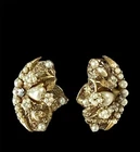 VTG Miriam Haskell Style Gold Tone Faux Pearl Curve Clip-on Filigree Earrings