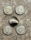 Lot Of 5 - 90% Silver Roosevelt Dimes - 1 is damaged (years in description)