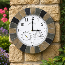 Garden Wall Clock Outdoor Decor Stone Effect Thermometer 35cm Indoor Home Round
