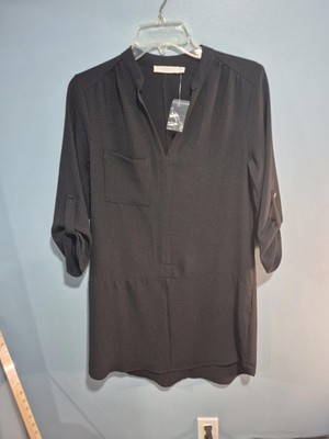 Lush Black V-Neck Tunic Blouse with 3/4 Sleeves, Size Small
