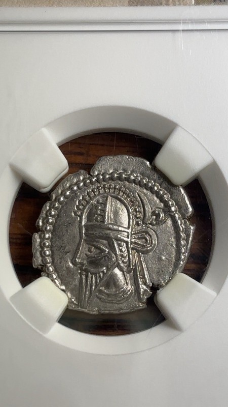 Parthian Kingdom Vologases VI Silver AR Drachm NGC AU, AD 207-222