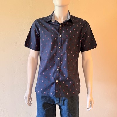 Van Heusen Never Tuck Mens Navy Flamingo Print Short Sleeve Button Down Shirt L