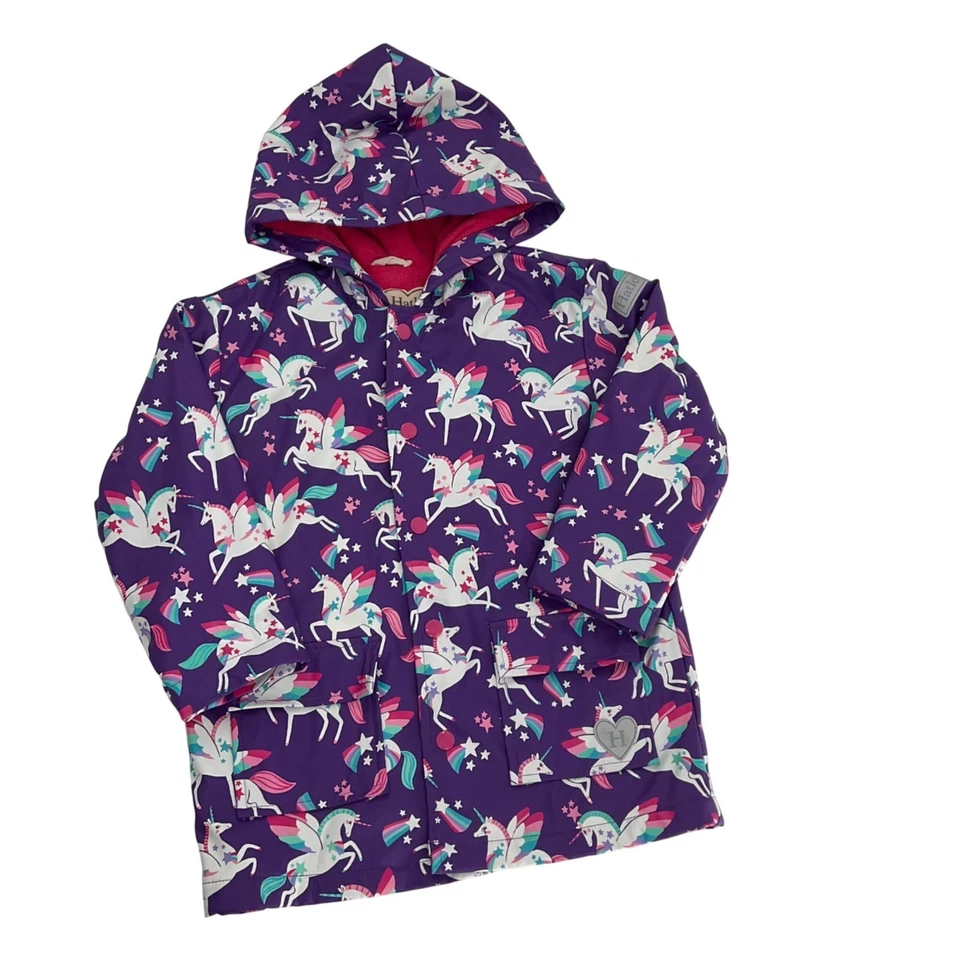 Hatley Unicorn Rain Jacket Size 5 Purple Waterproof Hood pink terry lining - Image 2 of 4