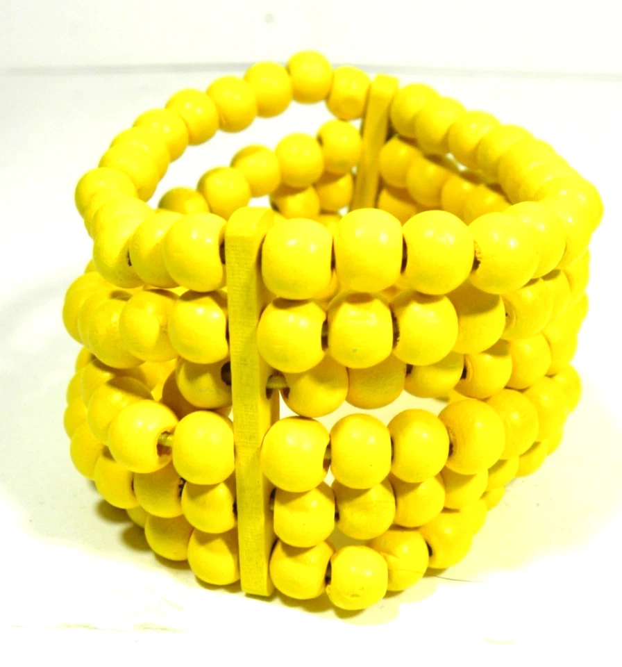 Pulsera elástica con cuentas amarillas madera apilada cuentas redondas 6 filas boho ancho Foto 2 de 4