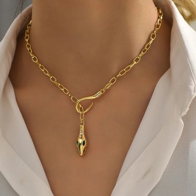 Women's Gold Plated Rhinestone Snake Choker Pendant Necklace