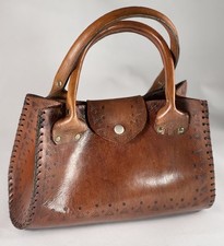 Vintage Tooled Leather Handbag Women  s Purse Brown Carved Doctor Barrel Stiff