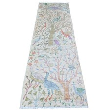 2'5"x8' Night White Afghan Peshawar Hand Knotted Pure Wool Oriental Rug R74731