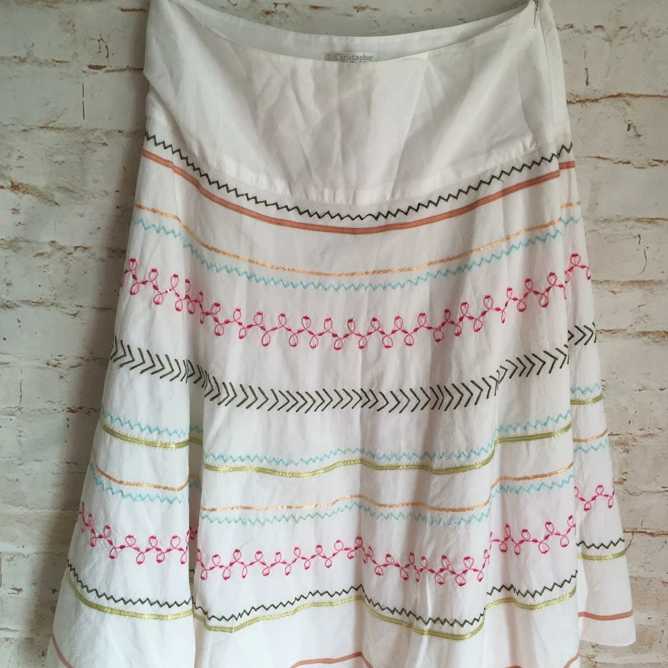 Christopher & Banks Women's Size 6 White Embroidery Sequin Cotton Flare Skirt - Image 2 of 4