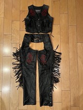 Unik Genuine Leather Black W/embroidered Roses, Vest (small), & Chaps (x-small)