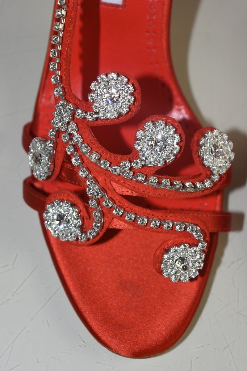 Sandales à Talons Manolo Blahnik Fernusan 90 - Satin Rouge, Bijoux, Pointure 40.5, Neuves Avec Boîte
