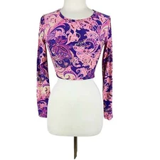 O'Neill Purple Paisley Cropped Long Sleeve Rash Guard Size Small